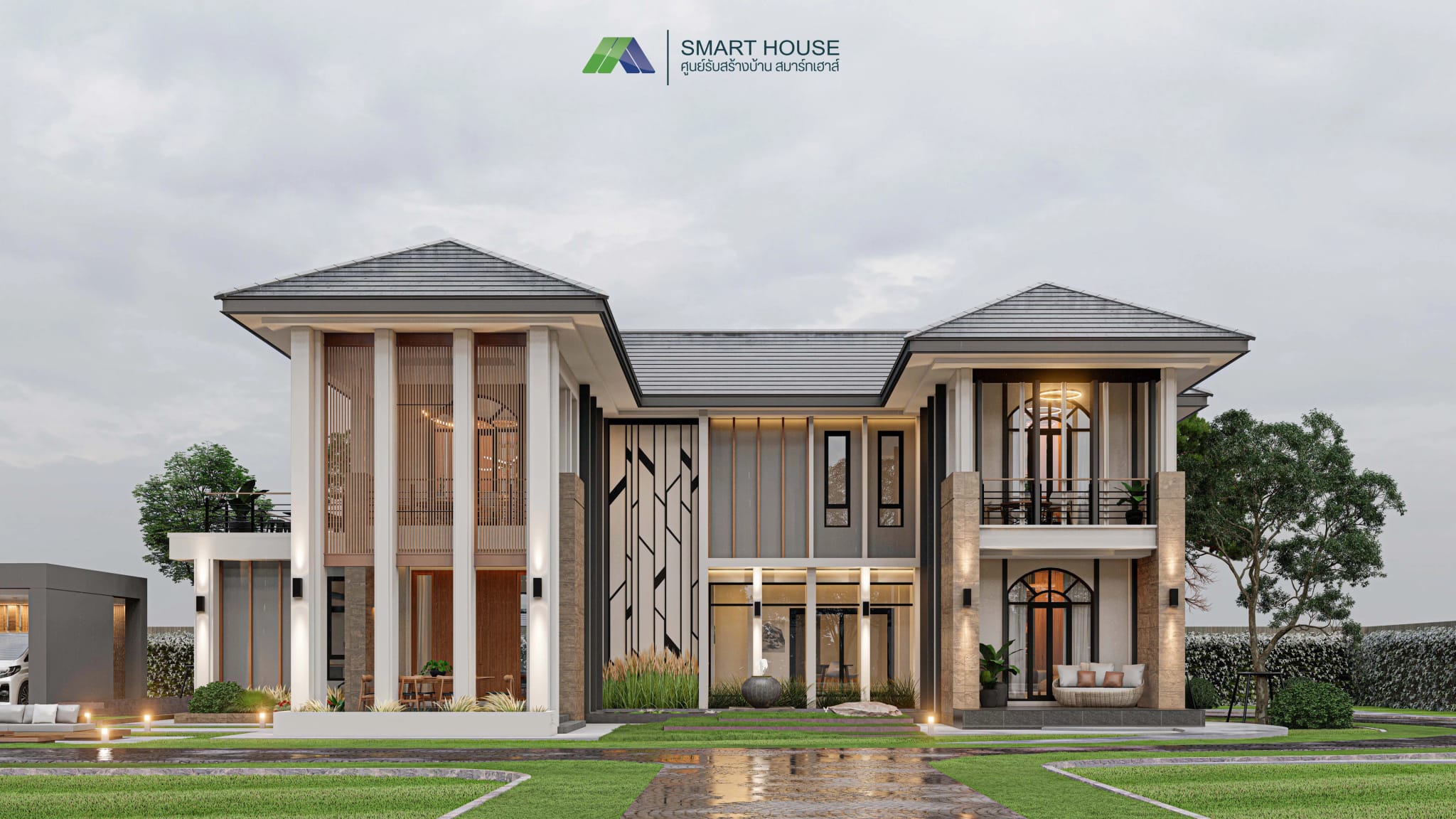 แบบบ้าน EAST MEETS WEST สไตล์Contemporary 2 ชั้น 4 ห้องนอน สร้างบนที่ดินของคุณ โดย SMART HOUSE รับสร้างบ้านมหาสารคาม