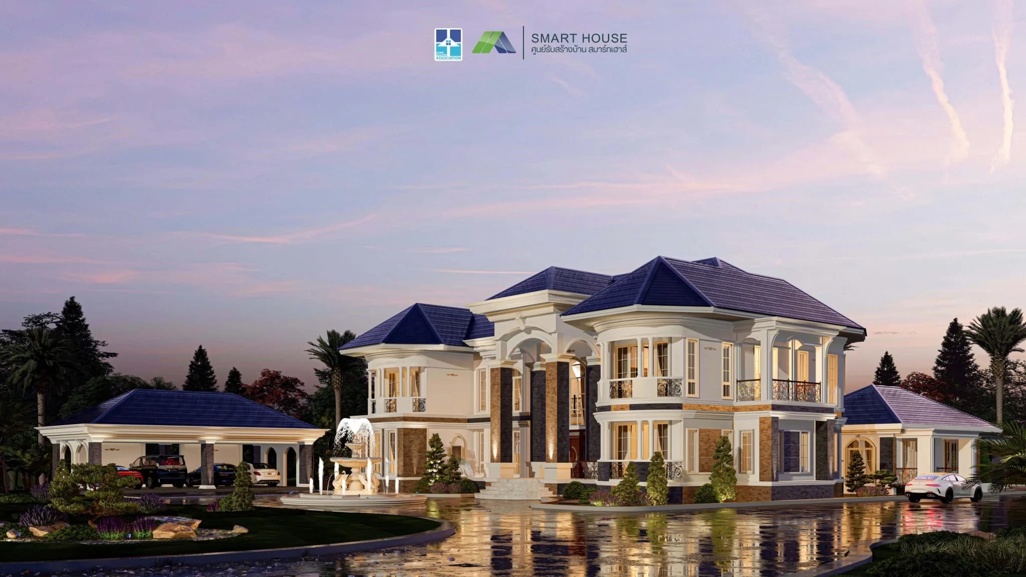 Neoclassical House custom home design in Luxury style, 2 storeys, 5 bedrooms, built on your own land by SMART HOUSE, custom home builder in Maha Sarakham