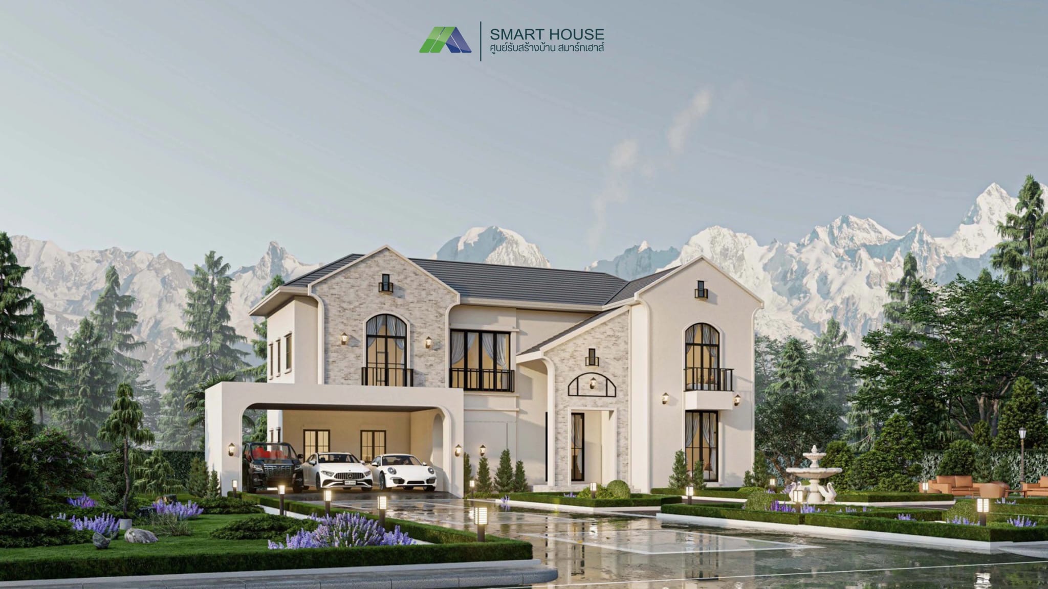 แบบบ้าน English cottage สไตล์Classic 2 ชั้น 5 ห้องนอน สร้างบนที่ดินของคุณ โดย SMART HOUSE รับสร้างบ้านมหาสารคาม
