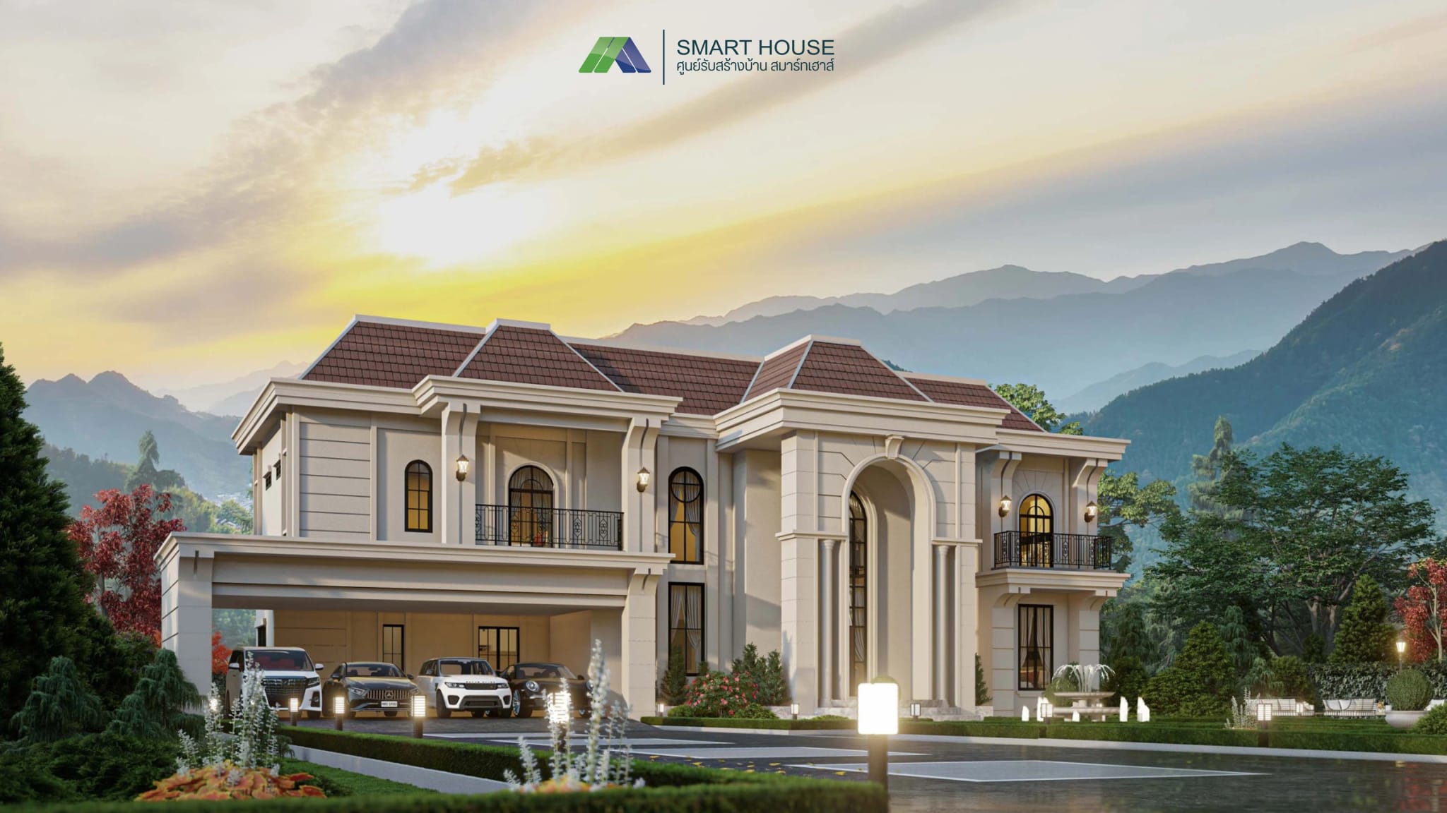 Lyon 01 custom home design in Modern style, 2 storeys, 5 bedrooms, built on your own land by SMART HOUSE, custom home builder in Maha Sarakham