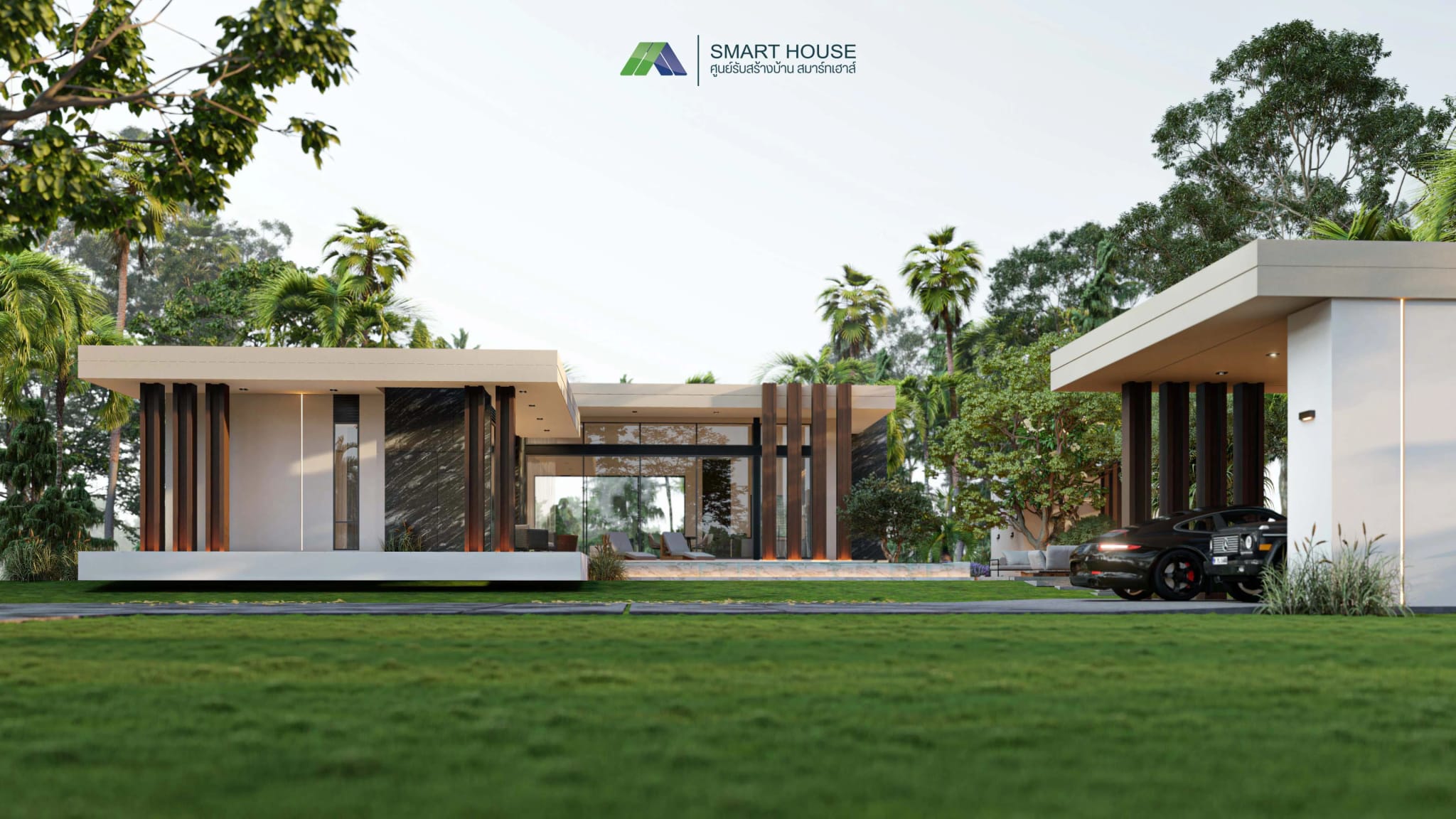 แบบบ้าน MODERN VILLA สไตล์Modern 1 ชั้น 1 ห้องนอน สร้างบนที่ดินของคุณ โดย SMART HOUSE รับสร้างบ้านมหาสารคาม