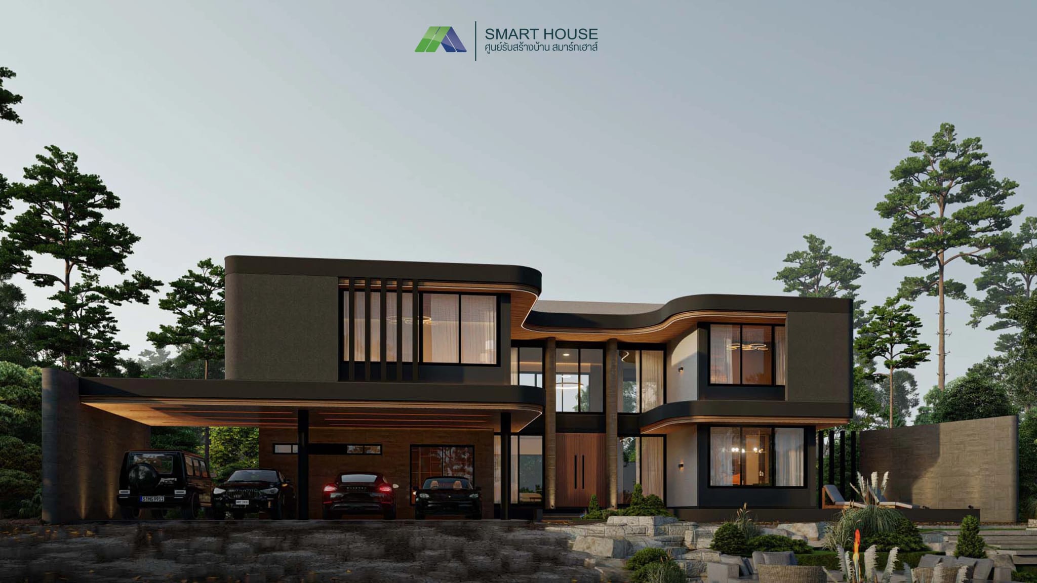 The Majestic 01 Black custom home design in Modern style, 2 storeys, 5 bedrooms, built on your own land by SMART HOUSE, custom home builder in Maha Sarakham